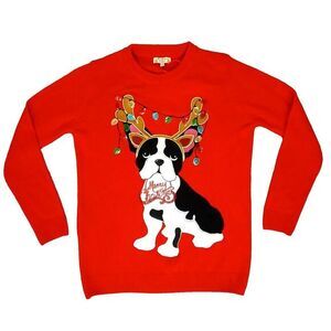 Poof Boston Terrier Dog Reindeer Antlers Sequin Christmas Sweater Red Size Small